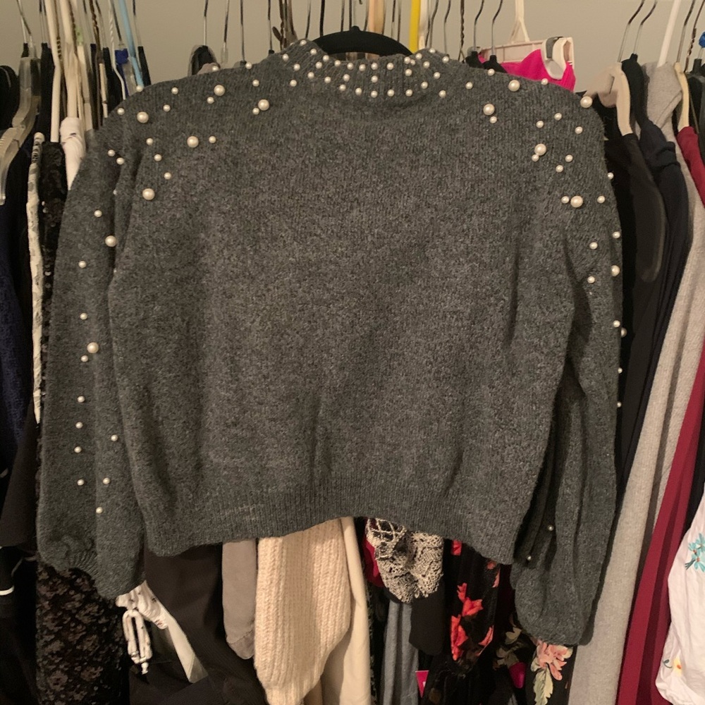 NWOT Gray Crop Top Pearl Decal Sweater